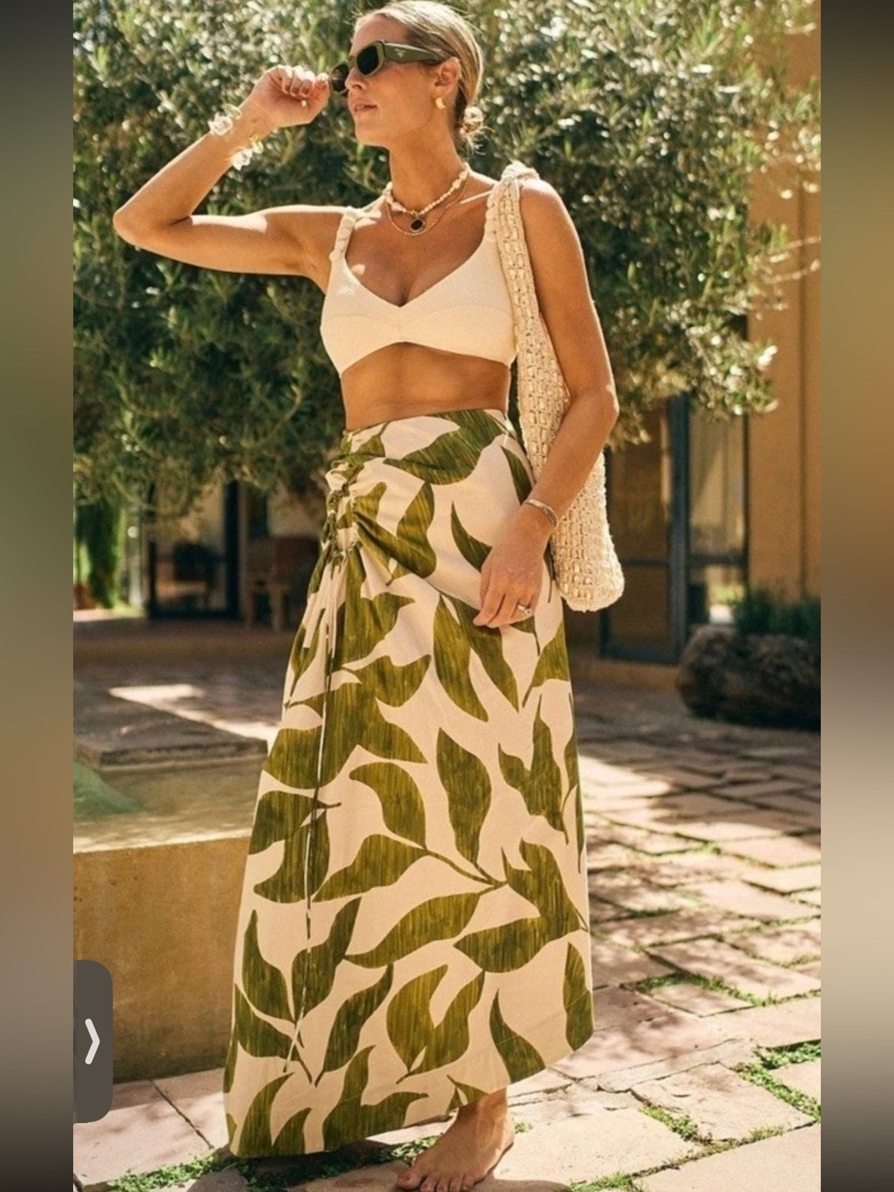 ANTONIO MELANI Cream and Olive Leaf Asymmetrical Maxi Skirt